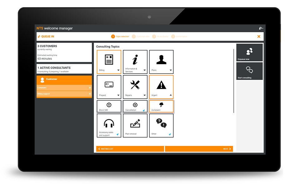 NTS welcome manager running on a tablet